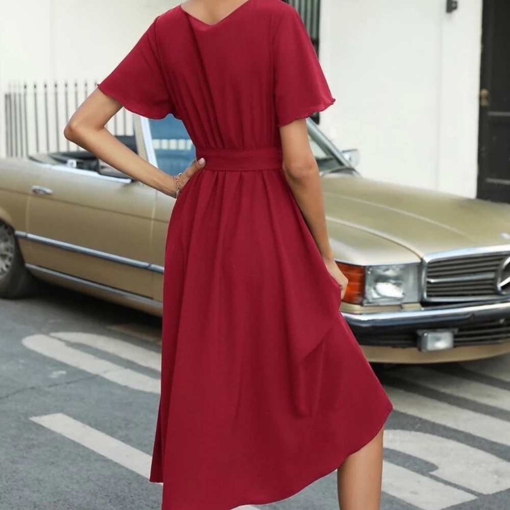 V neck flutter short sleeve faux wrap midi dress - Picture 2 of 16